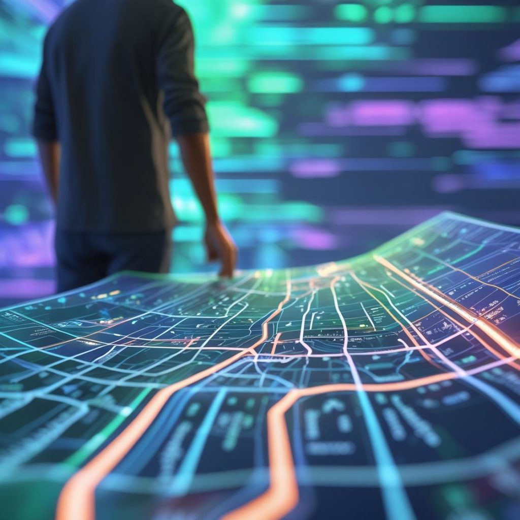 A person standing in front of a blurry, fragmented digital interface—then looking through a roadmap that brings hidden layers into focus. Don't show person face