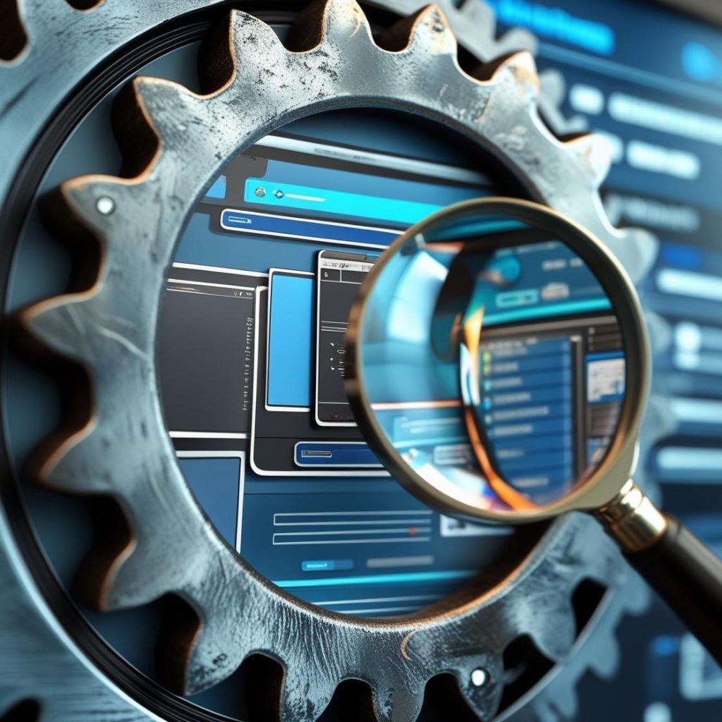 Create a computer screen or software interface inside a gear icon, with a magnifying glass examining it. Create a computer screen or software interface inside a gear icon, with a magnifying glass examining it.